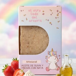 🌈 Jabón Natural Aceite de Oliva y Fresas con Nata | Colección "Al Otro Lado del Arcoíris" 🍓🦄